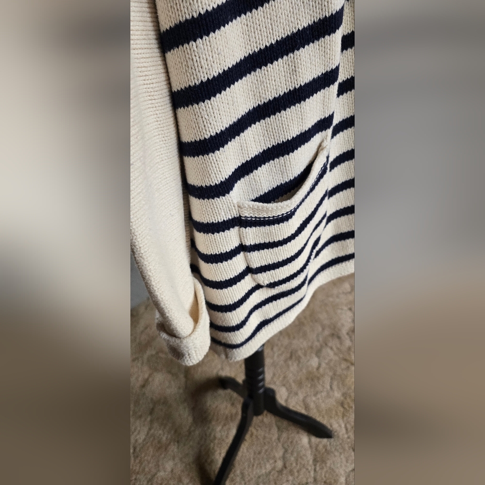 J. CREW Cream and Navy Shawl-Collar Striped Cardigan, Sz L - Picture 10 of 14